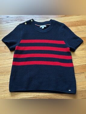 Tommy Hilfiger Navy Short-Sleeve Knit Sweater with Red Stripes